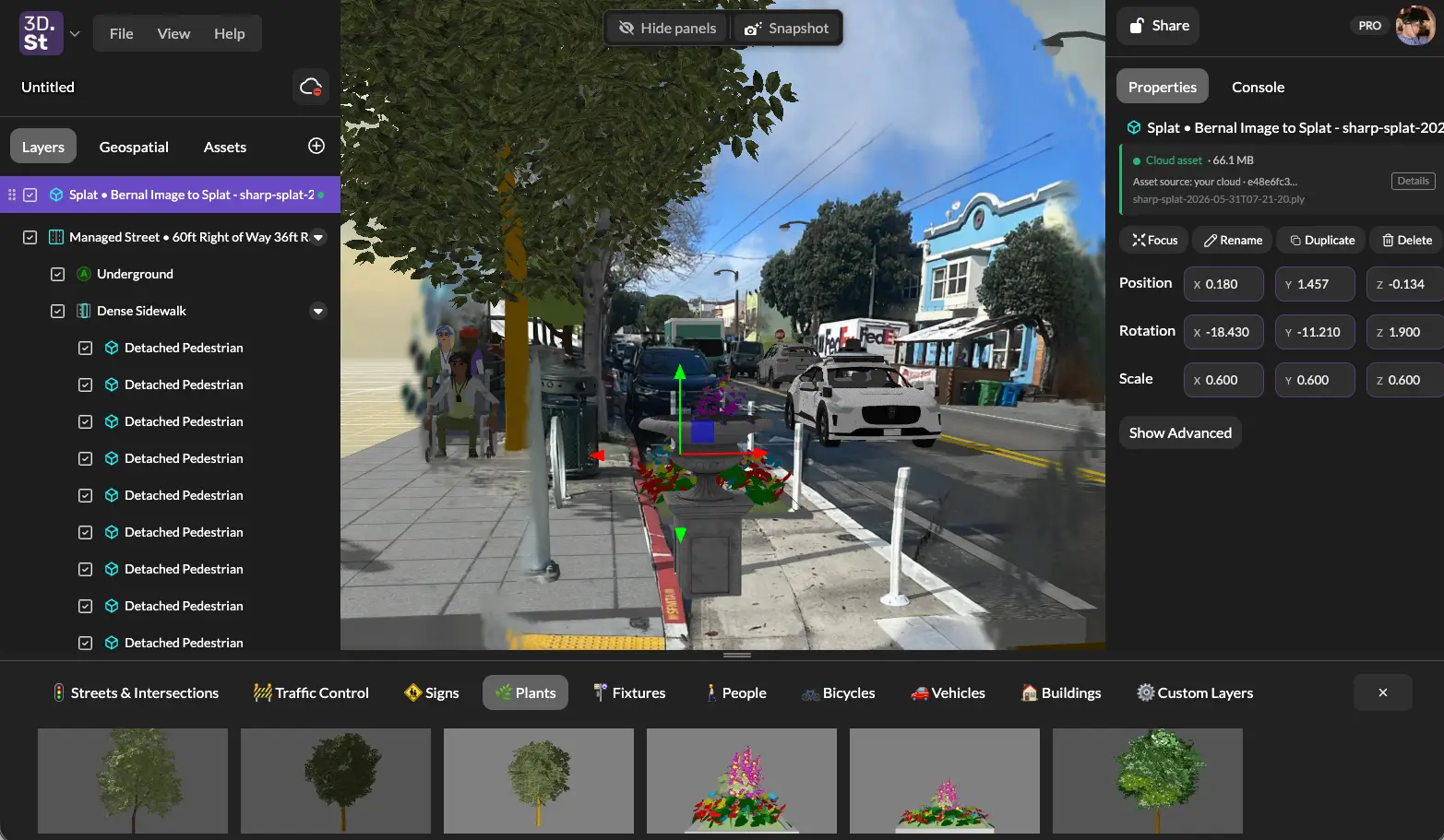 A scene mixing a Gaussian splat with designed 3DStreet elements