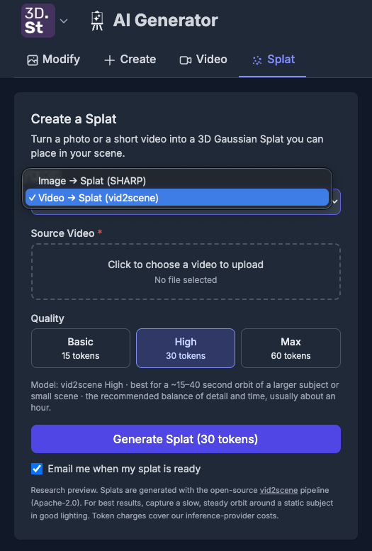 The Splat tab in the 3DStreet AI Generator, showing the Image-to-Splat and Video-to-Splat modes with Basic, High, and Max quality tiers